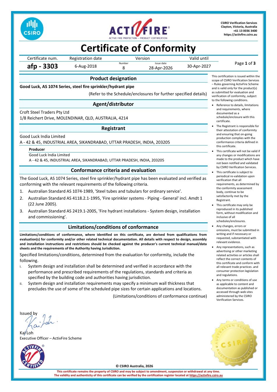 CSIRO ActivFire AS 1074 Certificate