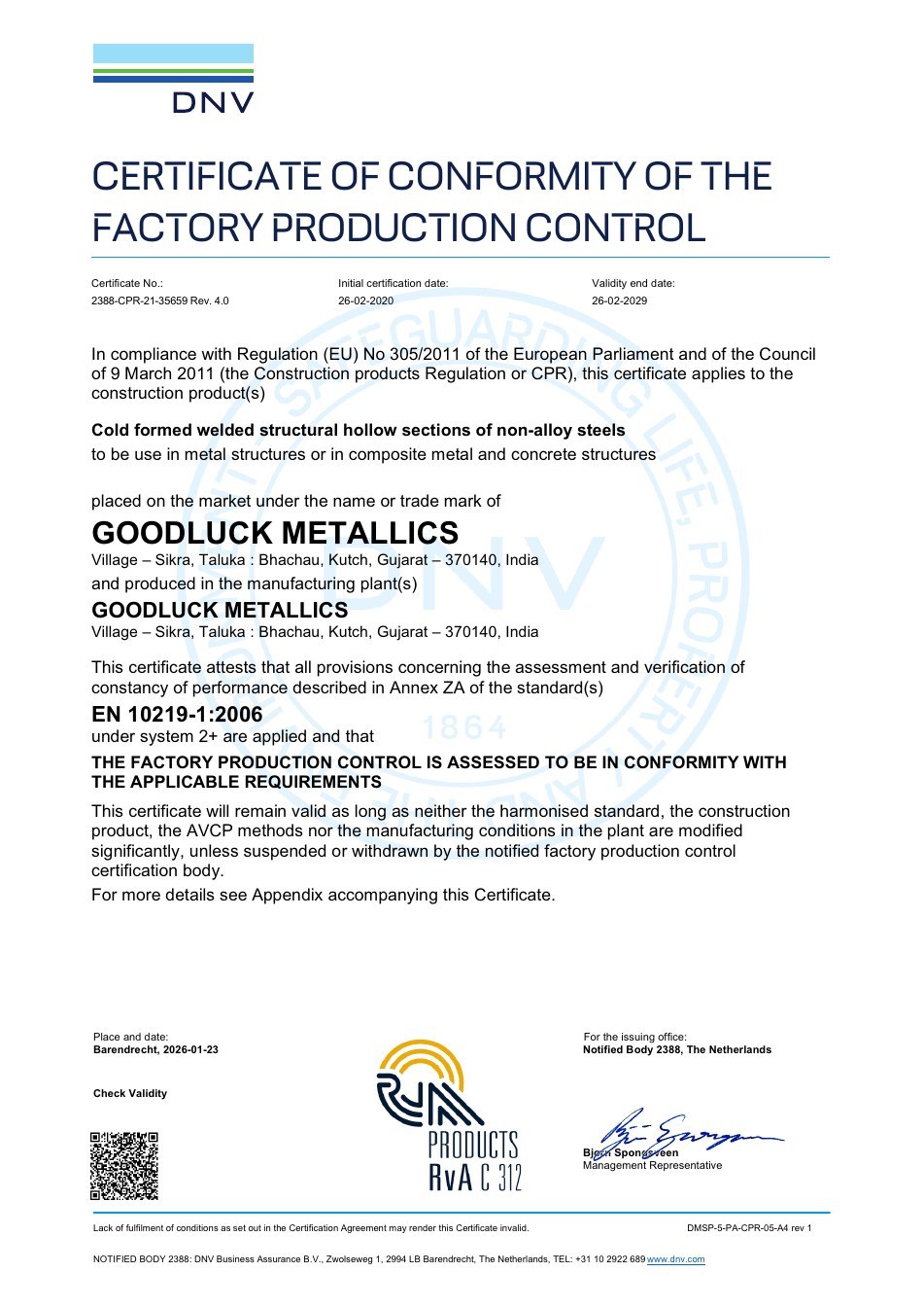 EN 10219 EU Factory Production Control Certificate