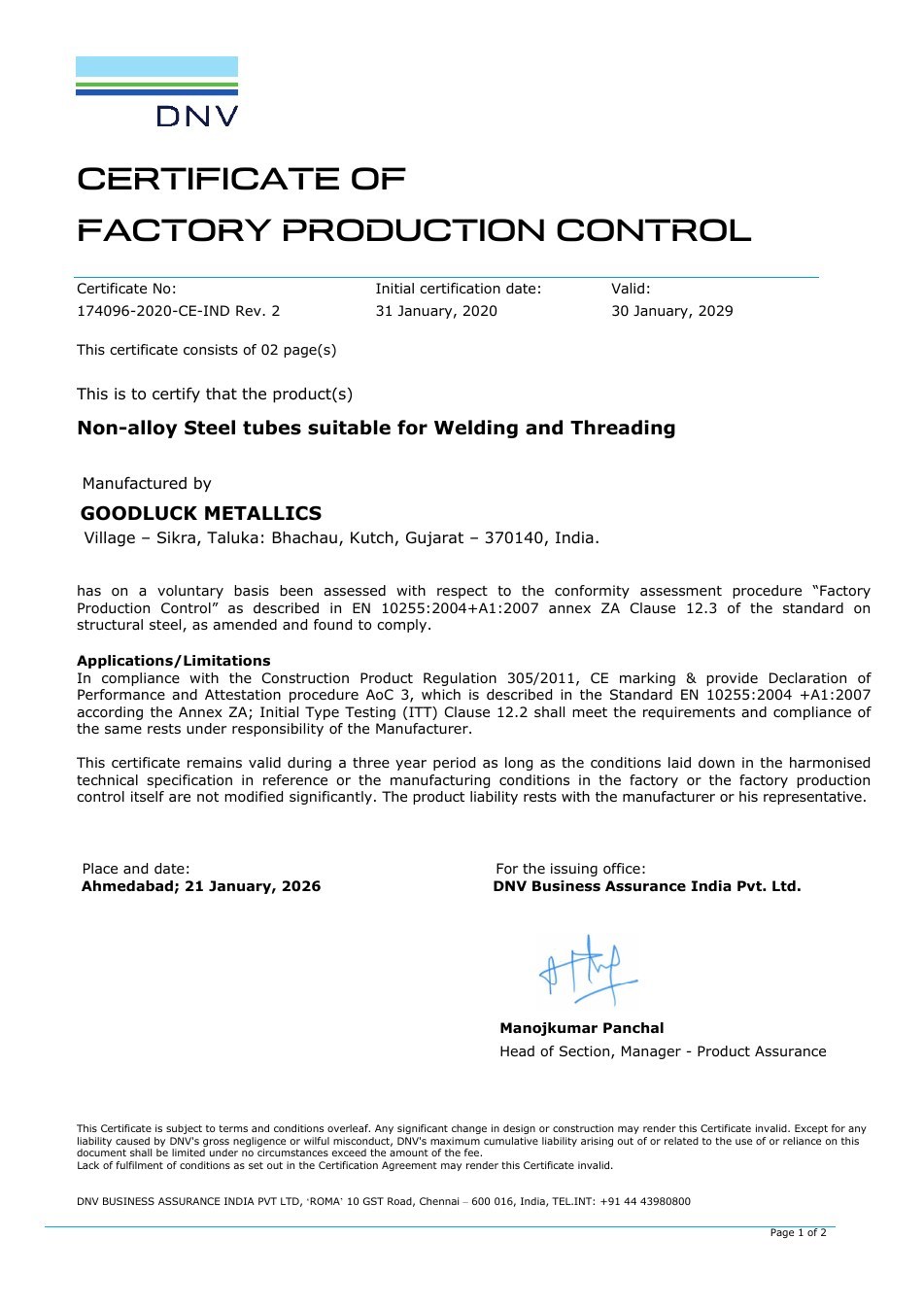 EN 10255 Factory Production Control Certificate