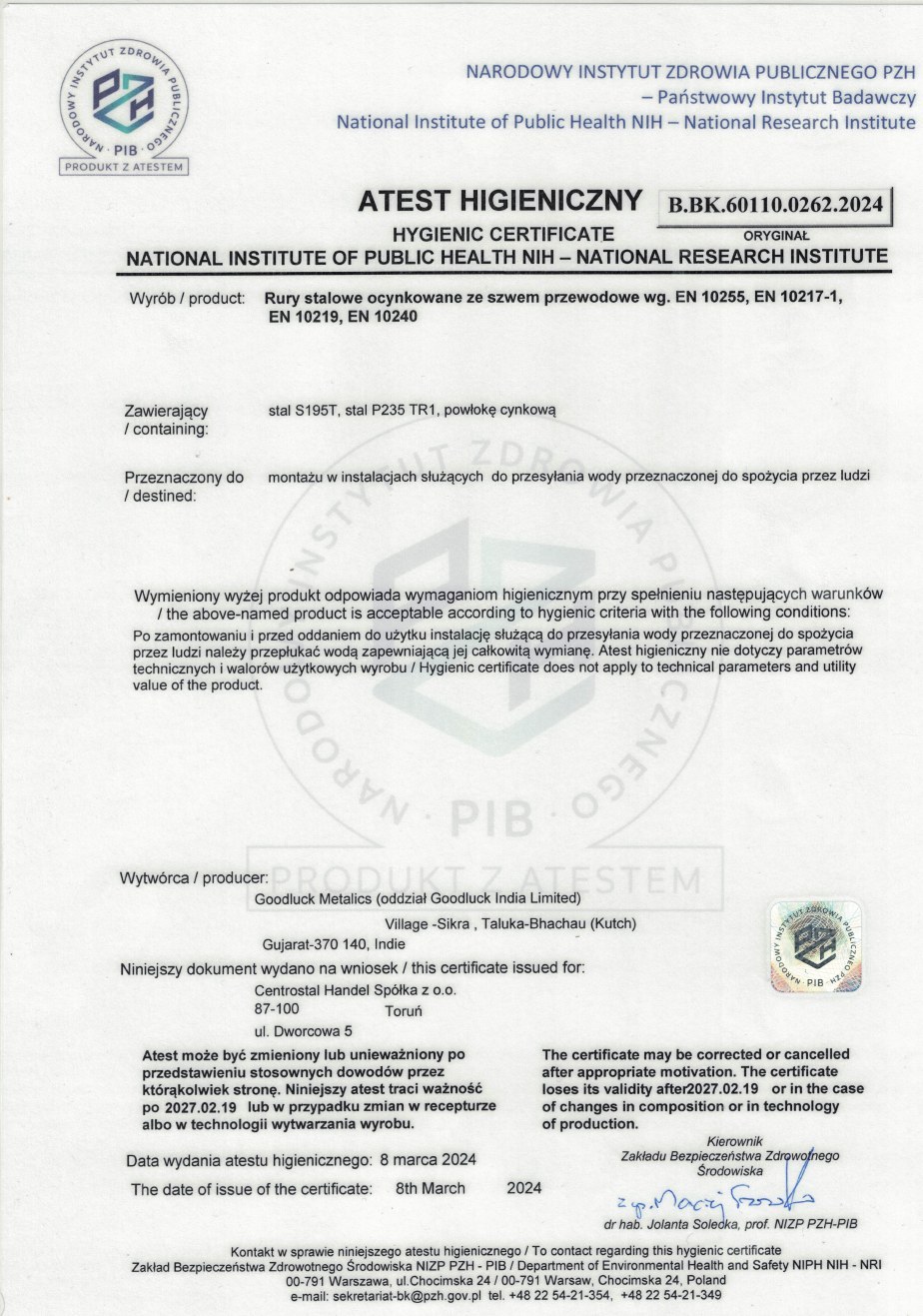 Hygienic Certificate for Galvanized Steel Pipes