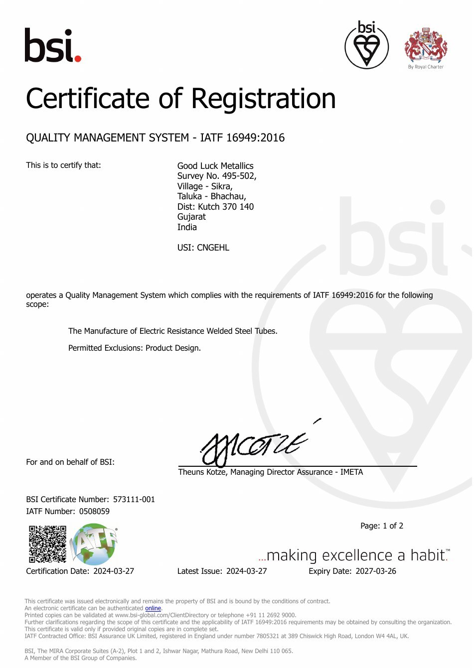 IATF 16949:2016 Certificate