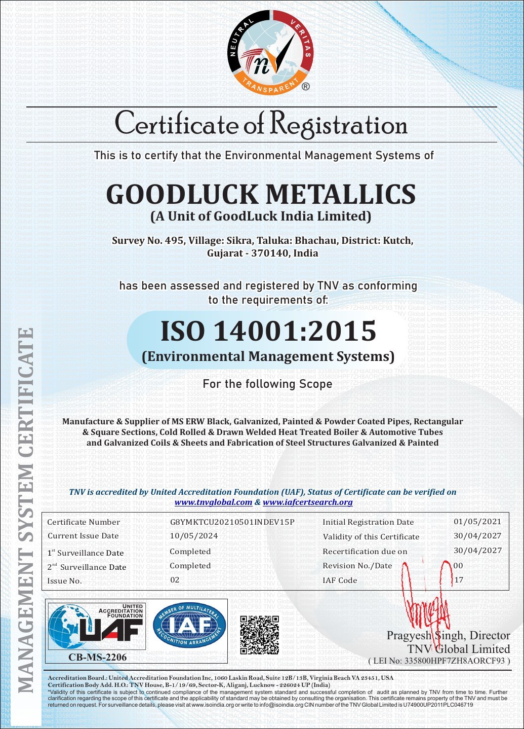 ISO 14001:2015 Environmental Management System Certificate