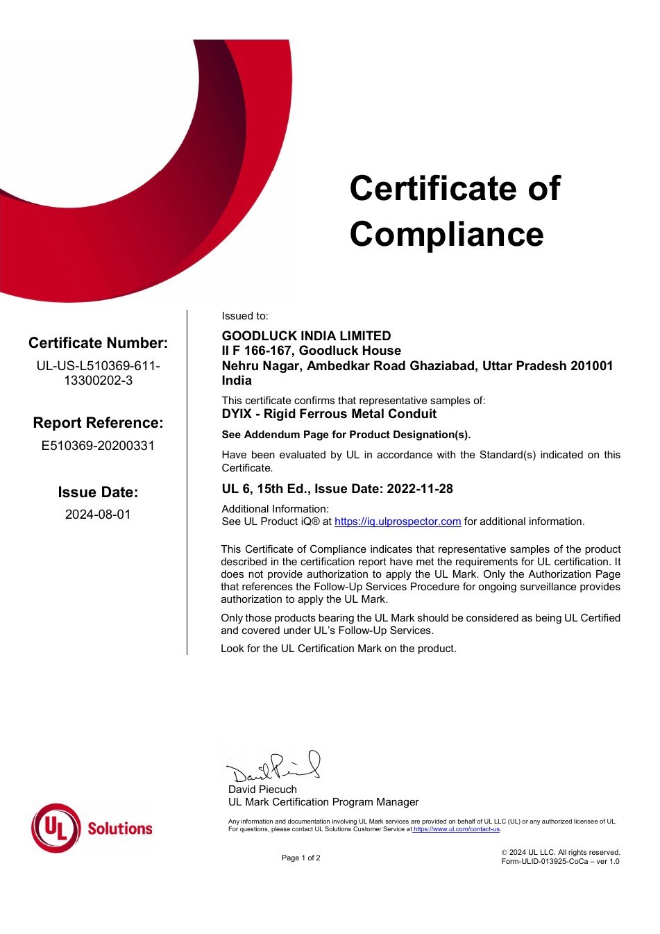UL 6 Rigid Ferrous Metal Conduit Certificate