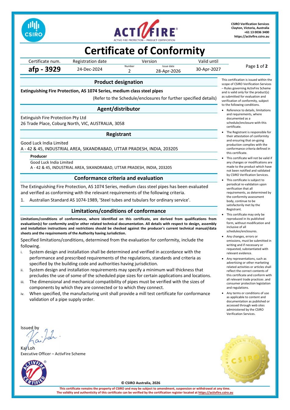CSIRO ActivFire AS 1074 Medium Class Steel Pipes Certificate
