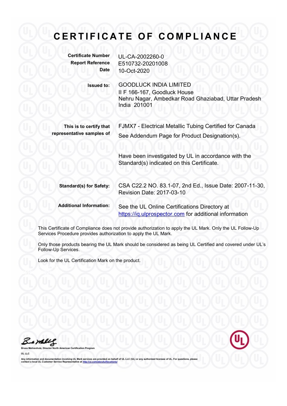 UL Electrical Metallic Tubing Certificate