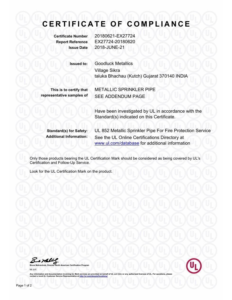UL 852 Metallic Sprinkler Pipe Certificate