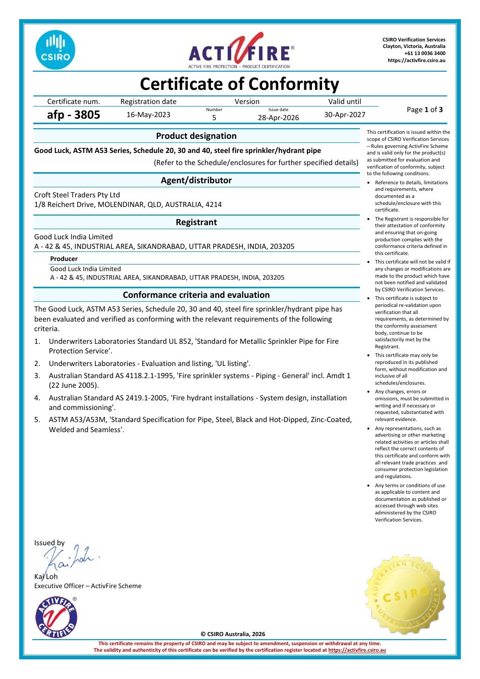 CSIRO ActivFire ASTM A53 Certificate
