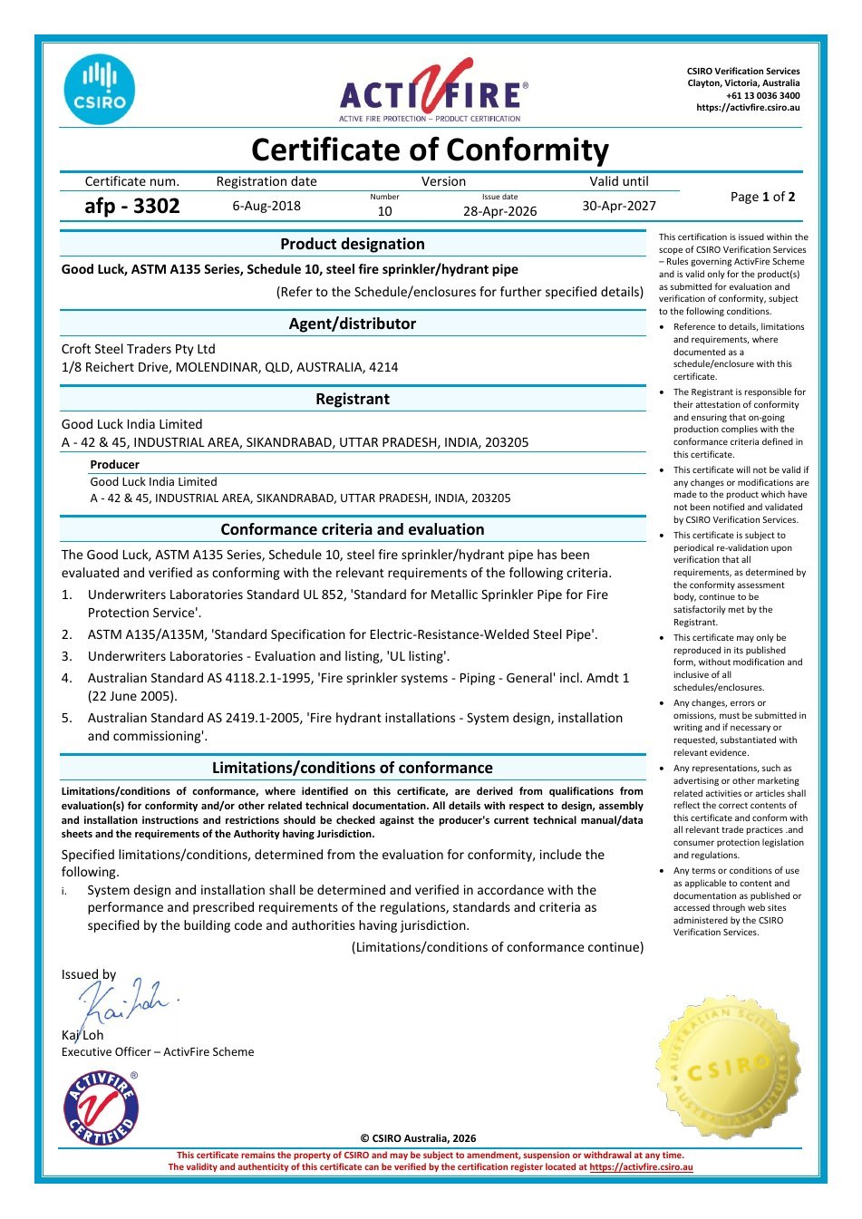 CSIRO ActivFire ASTM A135 Certificate