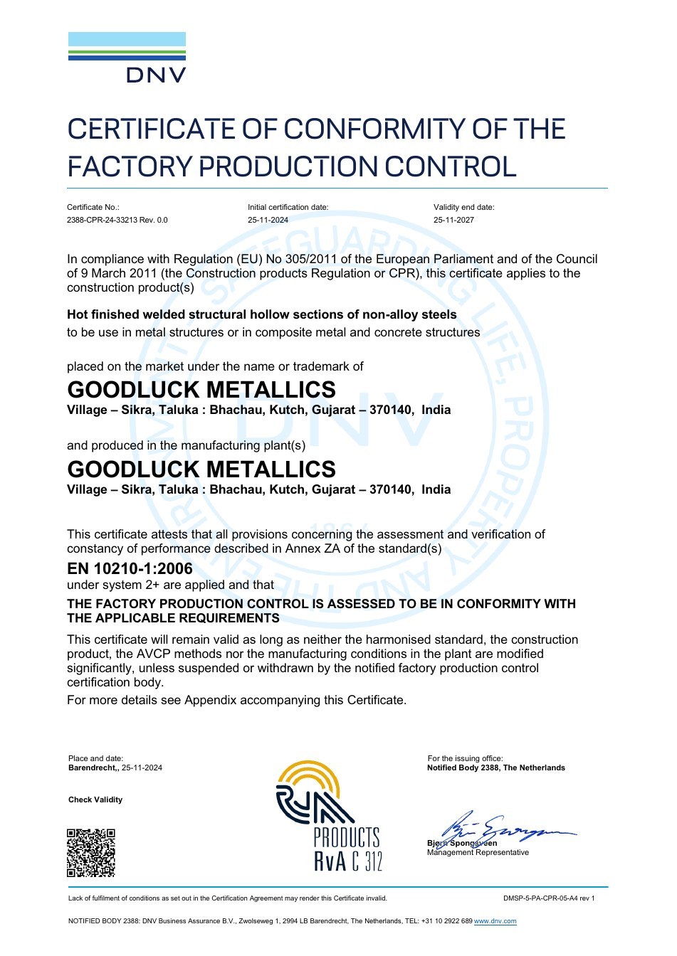 EN 10210 EU Factory Production Control Certificate