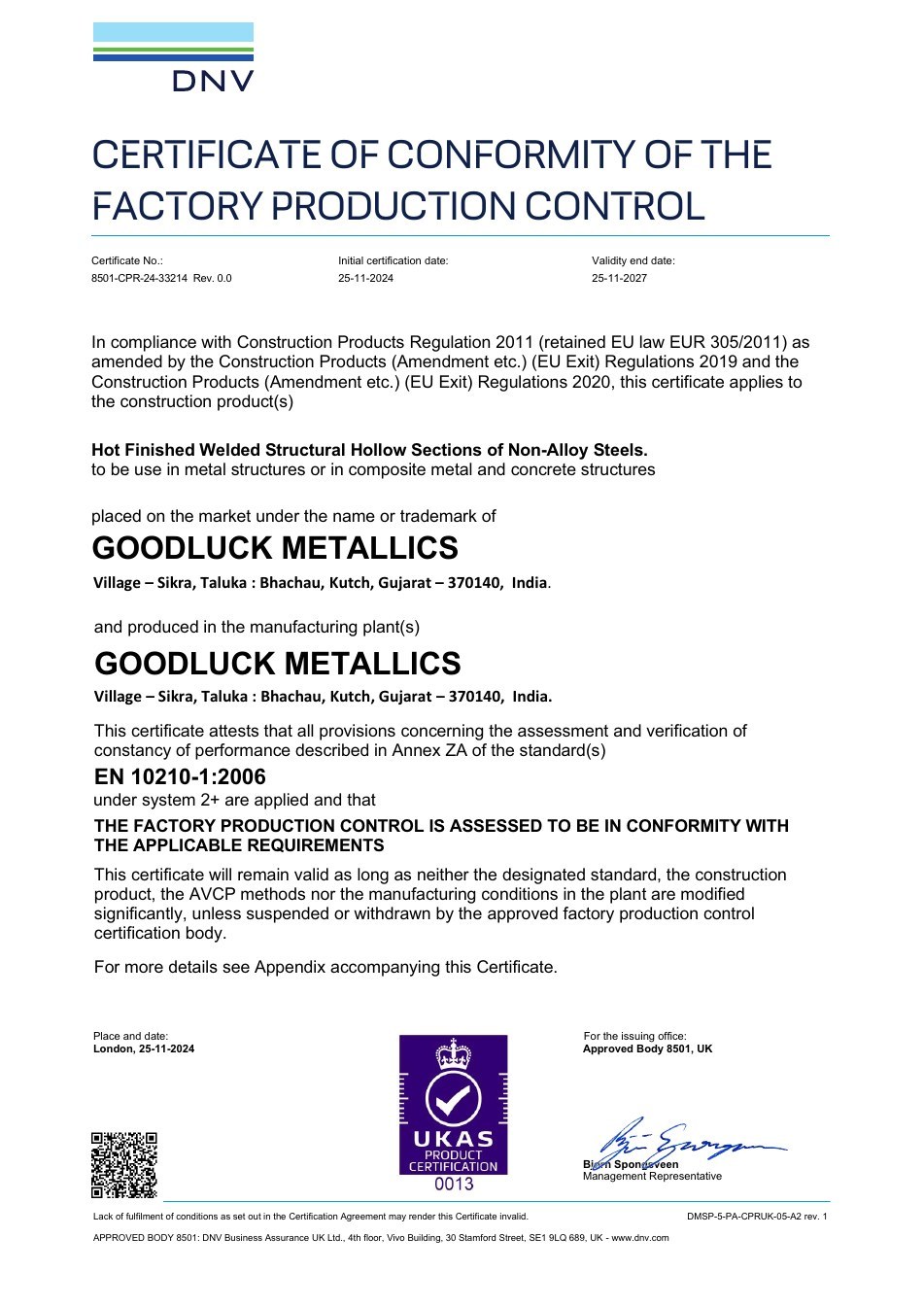EN 10210 UK Factory Production Control Certificate