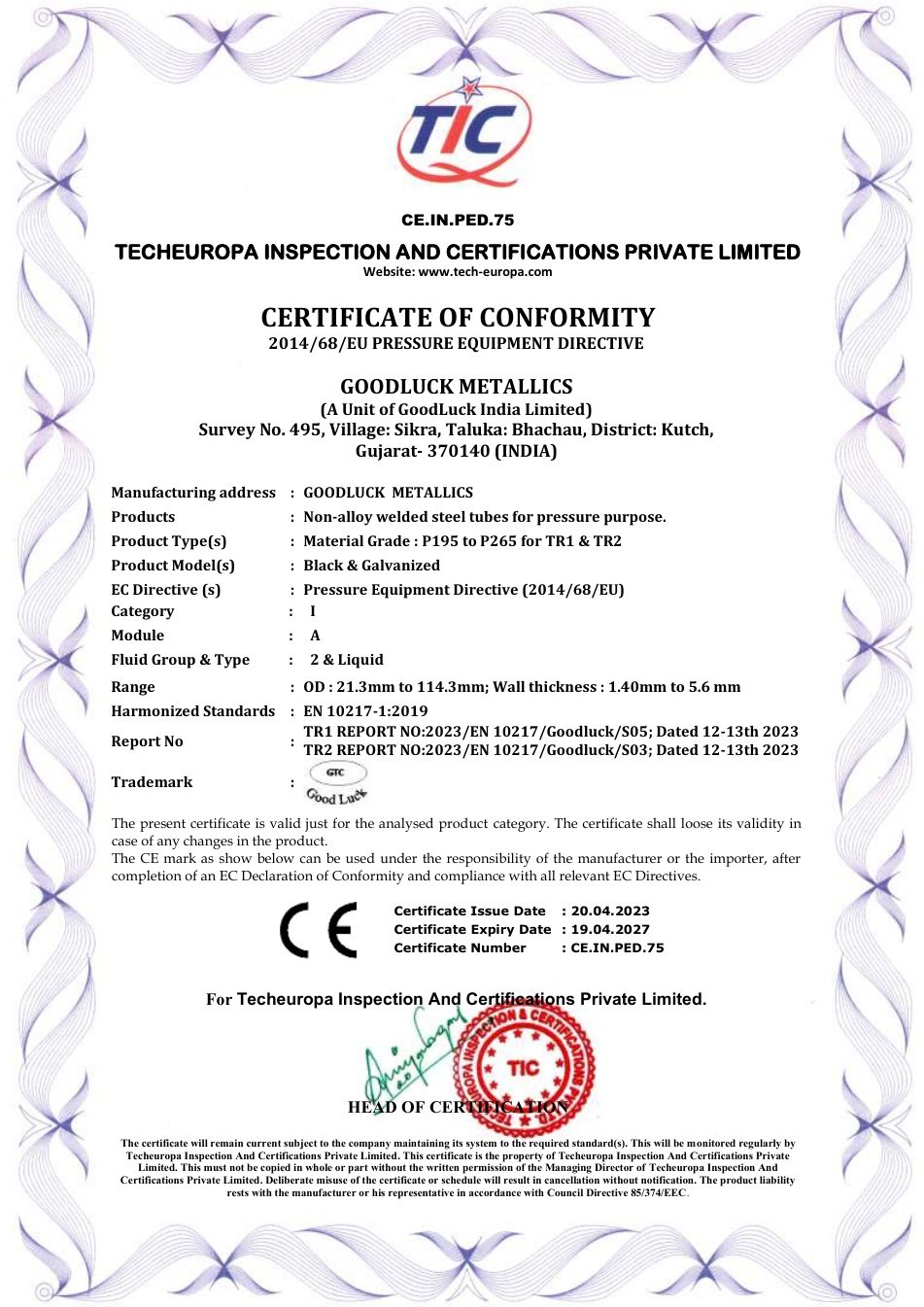 Pressure Equipment Directive EN 10217 Certificate