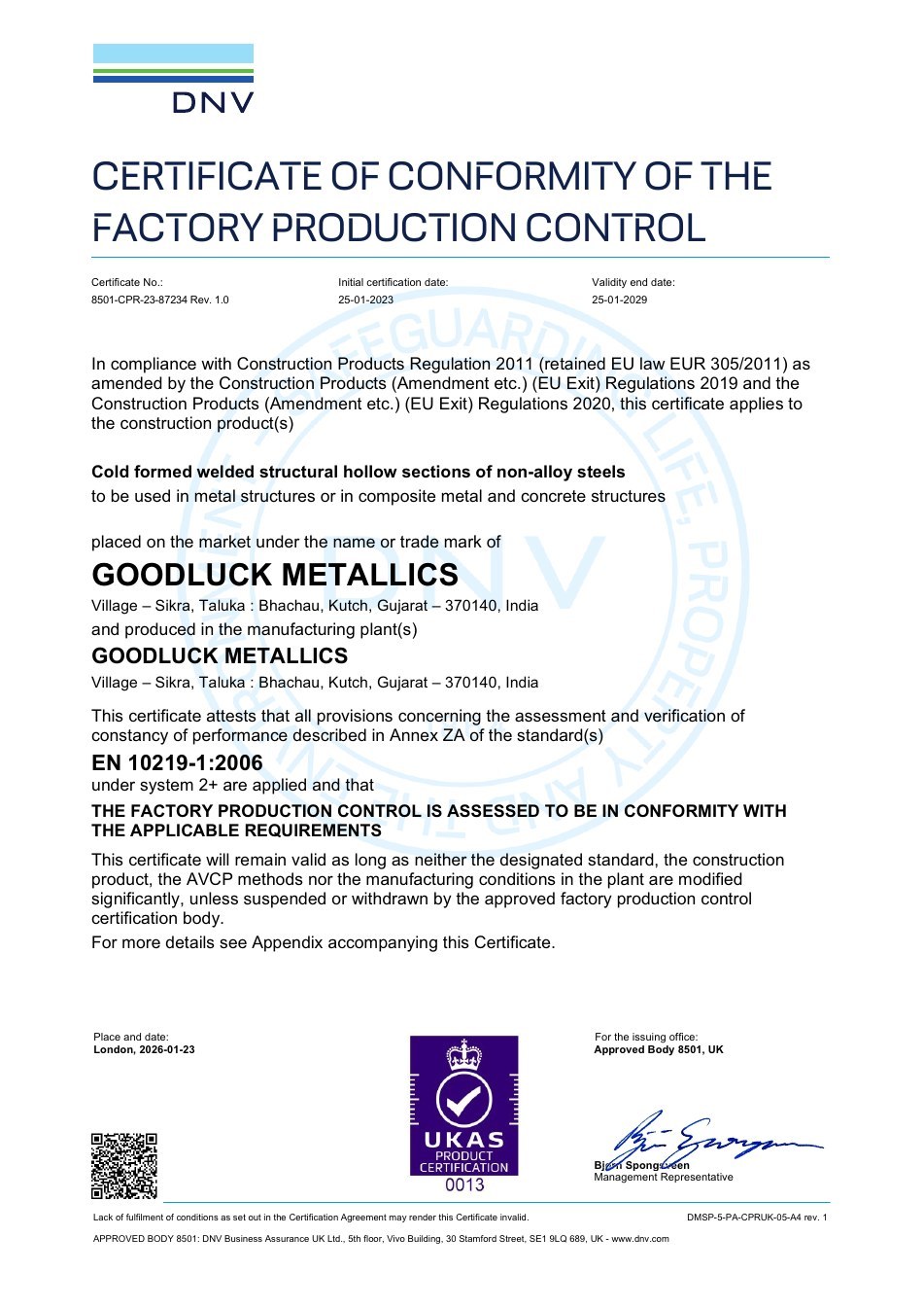 EN 10219 UK Factory Production Control Certificate